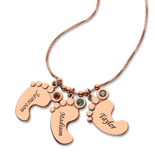 Mother Pendant Baby Feet Necklace In Rose Gold