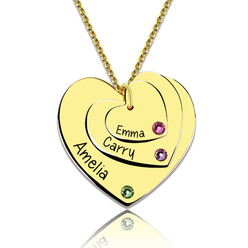 Triple Heart Necklace With Birthstones Gold Plated
