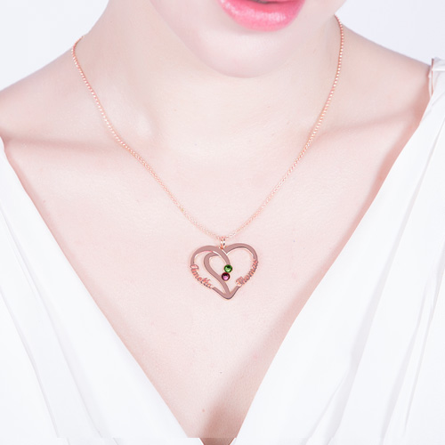 Heart Name Necklace Two Birthstones Rose Gold